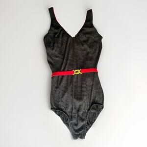 Retro 80s Jantzen Black Red Belt Bathing Suit Swim Ruched Texture Sporty Beach